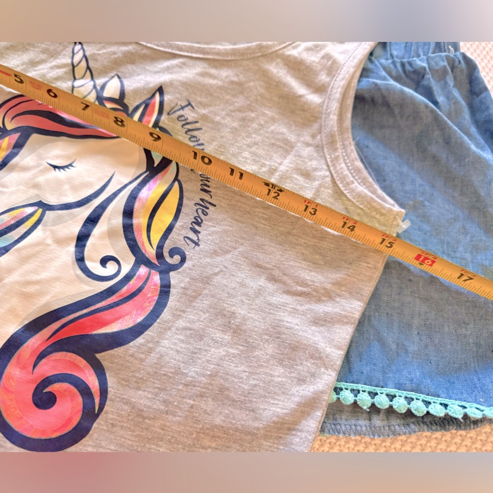 SELF ESTEEM 2 Piece Girls Grey Rainbow Unicorn Tank Top & Blue Denim Shorts Set - Picture 11 of 14